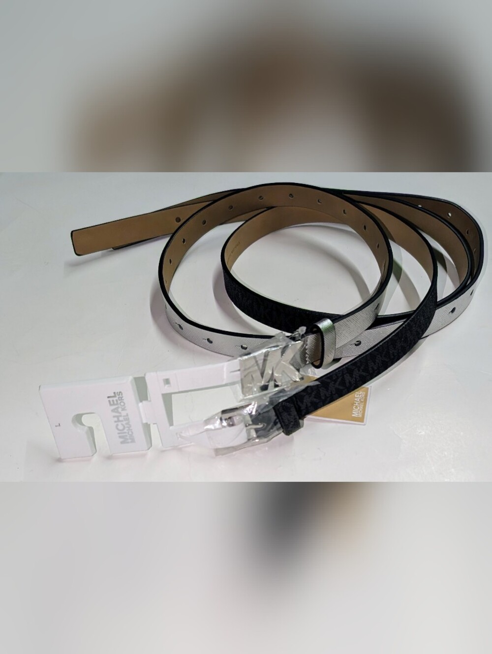 NWT Michael Kors 2- For -1 Convertible Belt Set Silver Tan Size L MSRP $58